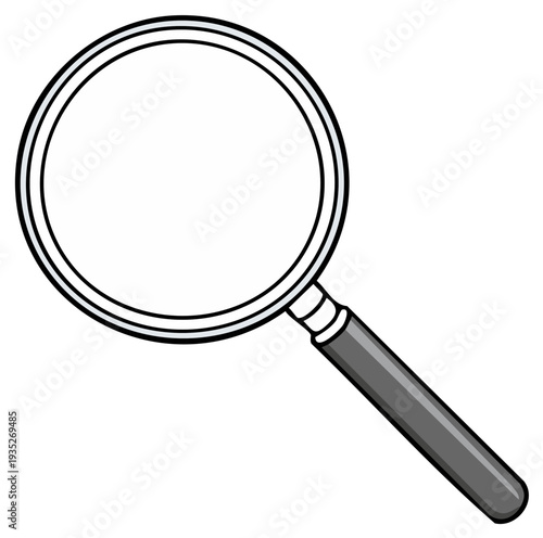 Simple black and white cartoon illustration of a magnifying glass with a gray handle.