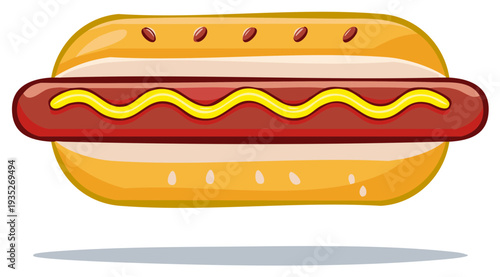 Cartoon illustration of a hot dog with mustard in a bun.