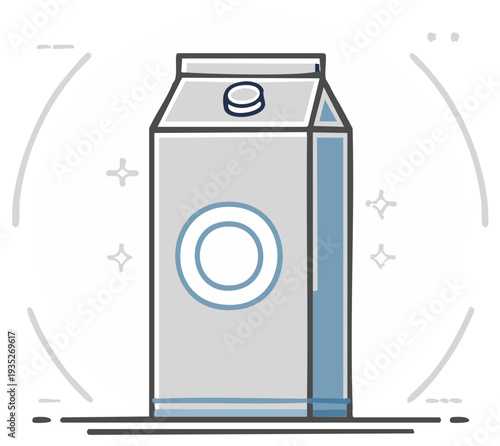 Stylized illustration of a gray and blue carton with a cap and circular emblem