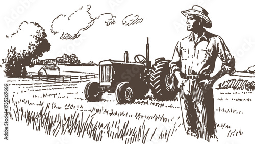 Farmer in hat beside tractor farm field. Banner for rural, agriculture visuals. Classic pencil hand drawn line illustration sketch style with traditional countryside farming scene.