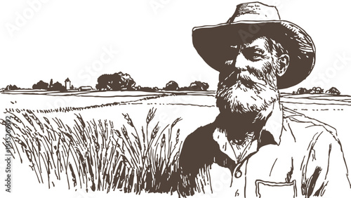 Elderly farmer standing near grain countryside scenery. Rural agricultural worker looking across open fields. Classic pencil drawn hand crafted sketch illustration style.