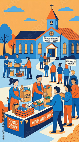 People participate in a church community food drive event outside a building, with volunteers distributing donations.