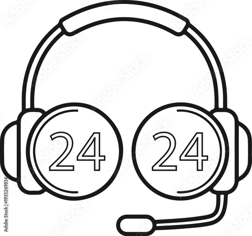 Customer support headset icon with 24 hours service symbol for call center communication outline design