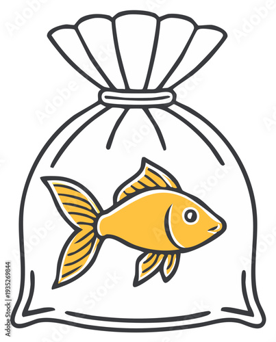 Stylized yellow goldfish swimming calmly inside a transparent plastic bag, cheerful aquatic illustration