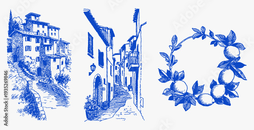 Italian hill town streets lemon wreath vintage. Hand drawn mediterranean summer scenes with stone houses, narrow alley and citrus branch frame. Travel illustration set.