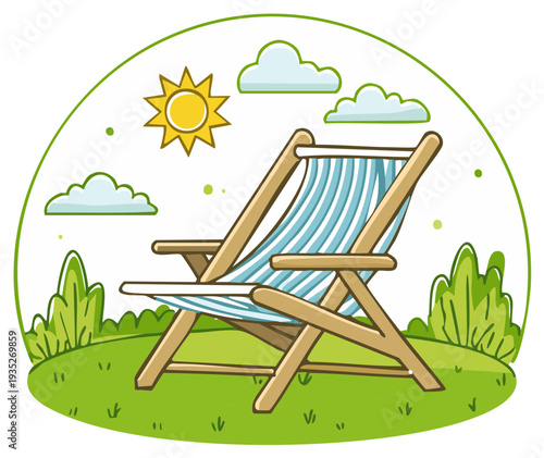 Cartoon deck chair on a green lawn under a sunny sky for summer relaxation and vacation concept