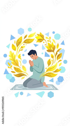 A man kneels in prayer on a rug, surrounded by a circular frame of golden leaves and blue geometric shapes.