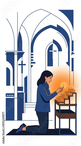 A woman kneels and lights a candle in a stylized church, with arches and crosses visible in the background.