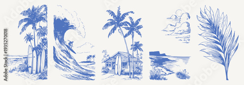 Tropical surf beach vintage hand drawn crayon sketch. Line drawing set with surfboards, curling wave, palm hut, shore and foliage. Retro island summer vacation graphics.