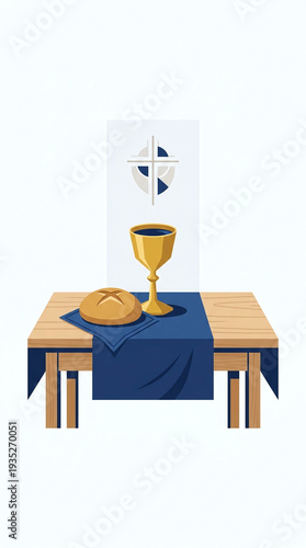 A golden chalice with dark liquid sits beside a loaf of bread on a table with a blue cloth.