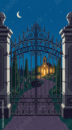 An ornate gate stands before a cemetery with a church, trees, and tombstones under a starry night sky with a crescent moon.