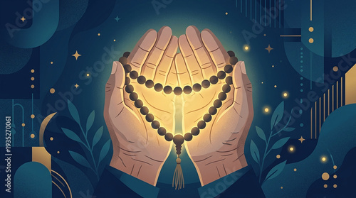 Cupped hands hold prayer beads forming a heart shape, illuminated by a warm, internal glow against a starry night sky.