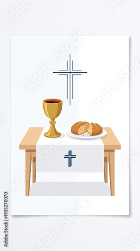 A golden chalice filled with red liquid and broken bread sit on a table adorned with crosses and a white cloth.
