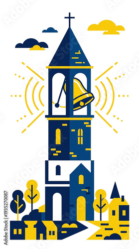 A stylized bell tower with a ringing bell is depicted against a white background, with abstract clouds and a village scene.