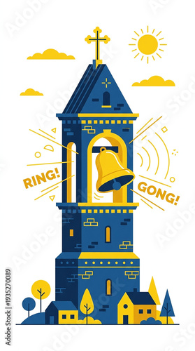A blue and yellow bell tower with a cross stands tall, ringing with sound waves and text against a white background.