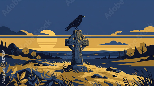 A black raven perches on a stone Celtic cross overlooking a serene landscape under a large, stylized sun.