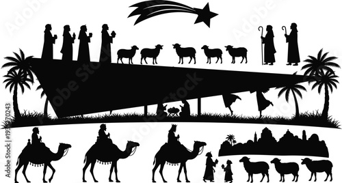 Black nativity silhouette collection featuring three wise men on camels baby Jesus Mary Joseph shepherds sheep and Bethlehem star for Christmas (20 words)