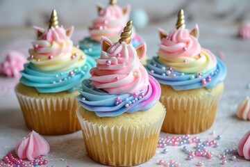 Delicious unicorn cupcakes decorated with rainbow pastel buttercream swirls, golden horn and ears, and colorful sprinkles, creating a whimsical and magical treat