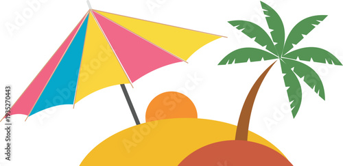 Colorful beach umbrella and palm tree on a small island with a setting sun, vector illustration