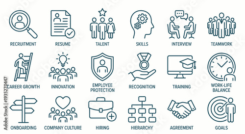 Set of 18 monochrome thin line icons for human resources and career. HR management and workplace culture collection. Vector illustration for recruitment, skills, and teamwork concepts.