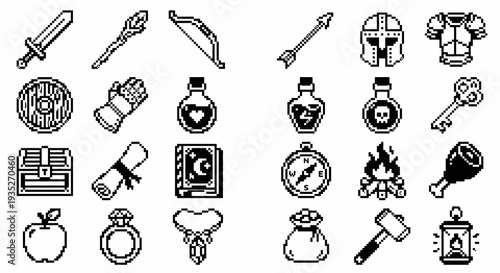 Set of 24 monochrome retro RPG inventory icons. 8-bit pixel art fantasy collection. Vector illustration for game UI, inventory systems, and classic adventure concepts.