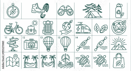Set of 20 monochrome thin line icons for sustainable travel and ecotourism. Green adventure collection. Vector illustration for nature, outdoor activities, and environmental tourism concepts.