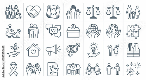 Set of 24 monochrome thin line icons for community and society. People, diversity, and inclusion collection. Vector illustration for teamwork, social support, and equality concepts. Single color.