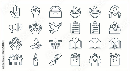 Set of 16 monochrome thin line icons for volunteering and social activism. Charity and humanitarian aid collection. Vector illustration for nonprofit, support, and community service concepts.