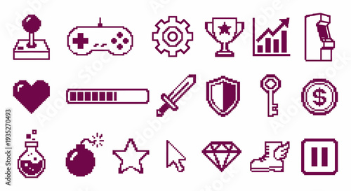 Set of 19 monochrome retro game pixel art icons. 8-bit joystick and controller collection. Vector illustration for game UI, arcade, classic gaming, and pixelated concepts.