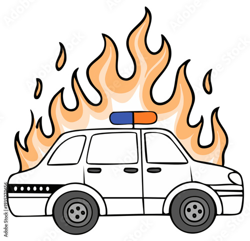 Cartoon Illustration of a Burning Police Car