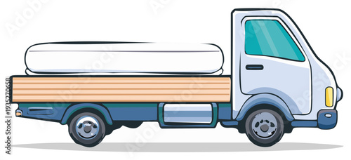 Cartoon style light blue delivery truck carrying white mattress for moving service