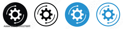 Gear with circular sync arrows icon. Represents automated processes, data synchronization, system recovery, and continuous workflow. Minimalist vector design in black and blue.