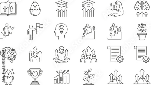 Set of personal growth and business development line icons featuring success, education, brain power, motivation, leadership, and career progress.