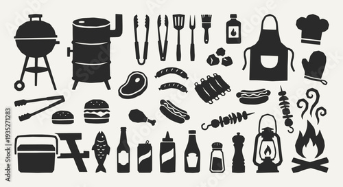 BBQ grill silhouette collection. Black icons set - smoker, barbecue tools, steak, sausages, ribs, burger, hot dog, skewers, cooler, lantern, campfire. Vector linocut style minimalist design elements.
