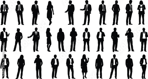 Black silhouettes of professional business people men and women standing in formal suits for corporate office and team workforce group (21 words)