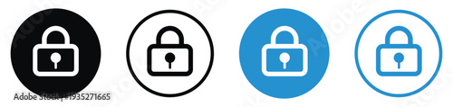 Closed padlock protection icon set. Represents cybersecurity, data privacy, account locking, and secure storage. Professional vector symbols in blue and black styles for web and app.