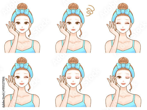 フェイスパックするスキンケア大人女性のイラスト素材セット