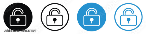 Open padlock security icon set. Symbolizes data access, privacy permission, system decryption, and authorized entry. Clean vector graphics in circular black and blue formats.
