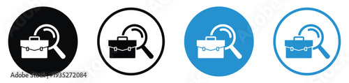 Briefcase icon behind a magnifying glass. Represents job search, professional recruitment, business auditing, or career analysis. Professional vector set.