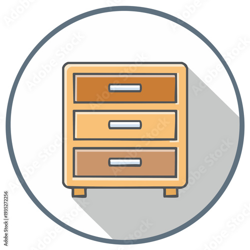 Chest of drawers flat design icon with long shadow. Vector furniture illustration for home or office storage.
