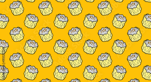 Dim Sum Seamless Pattern. Shumai Dumpling Repeating Motif. Hand Drawn Outline Illustration. Monochrome And Color Variations. Asian Culinary Textile Packaging Design.
