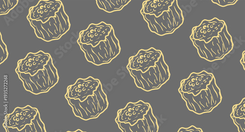 Dim Sum Seamless Pattern. Shumai Dumpling Repeating Motif. Hand Drawn Outline Illustration. Monochrome And Color Variations. Asian Culinary Textile Packaging Design.