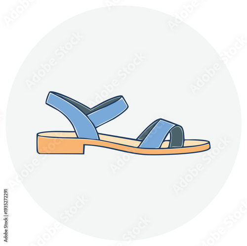 Simple blue flat sandals with orange soles and straps presented in a clean graphic illustration