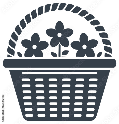 Floral basket illustration with three flowers and handle in black