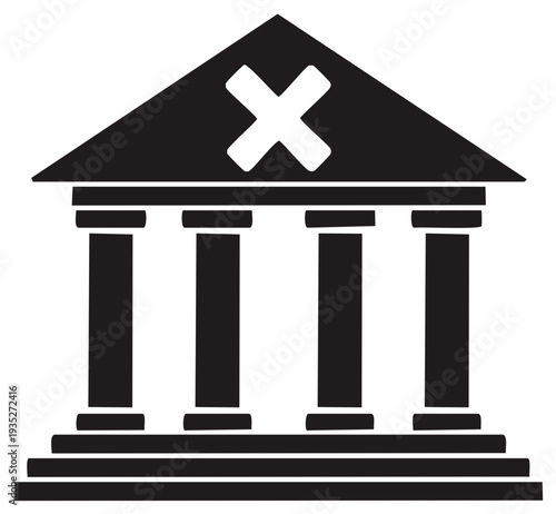 Classical institutional building with X mark symbolizing closure deletion or unavailable service