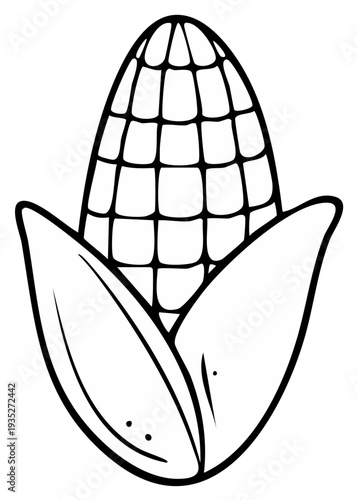 Black and white illustration of corn on the cob with leaves.