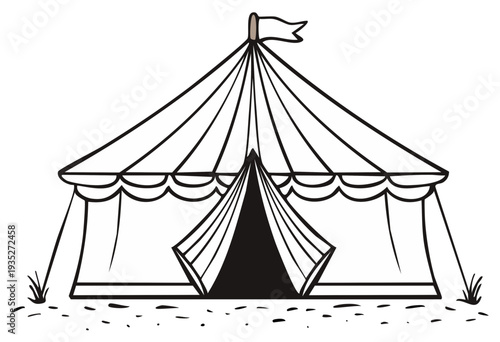 Classic Black and White Outline of a Circus Tent with Flag and Entrance