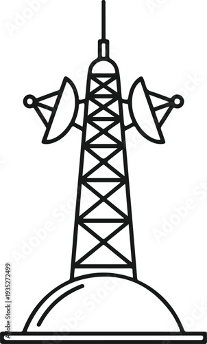 Telecommunication tower with satellite dishes outline for broadcast network and cellular data signal icon