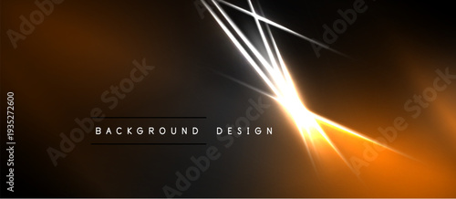 Abstract design features bright lines, orange glow. Dark background creates dramatic visual effect. Modern, dynamic composition.