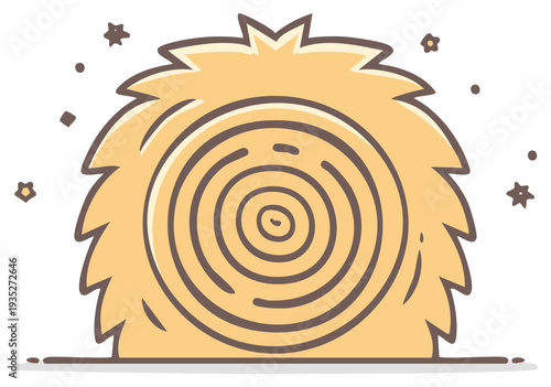 Cartoon hay bale with radial lines in field with stars, isolated illustration, farm harvest design, country agriculture element